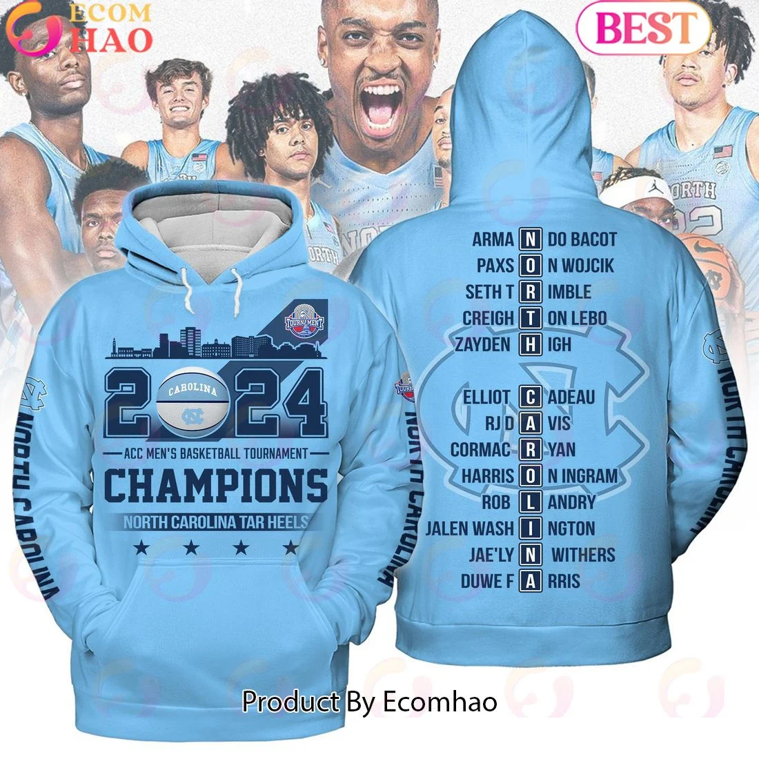 2024 ACC Men's Basketball Tournament Champions North Carolina Tar Heels Blue Hoodie, Zip Hoodie, Man - Women, Warm, Premium Quality HZ0501