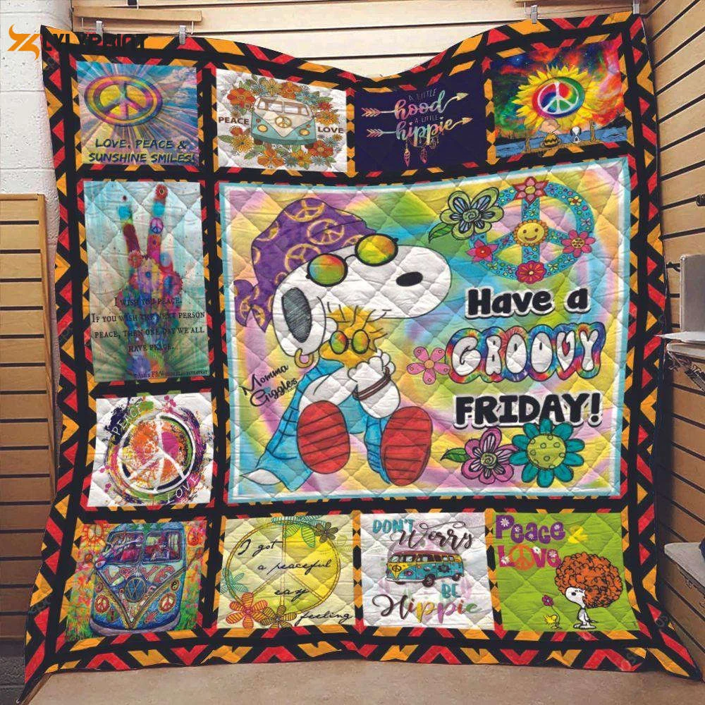Hippie Snoopy With Groovy Flowers And Peace Love Symbol Snoopy Have A Groovy Friday Quilt Blanket ,  Soft Quilt, King Size, All Season Cozy Quilt QB0901