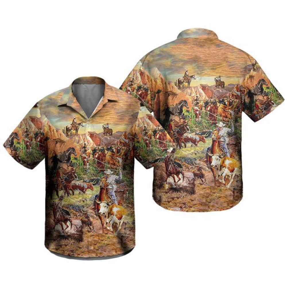 Cowboy Hawaiian Shirt For Men Women- Retro Vintage Button Down Aloha Shirt HW0601