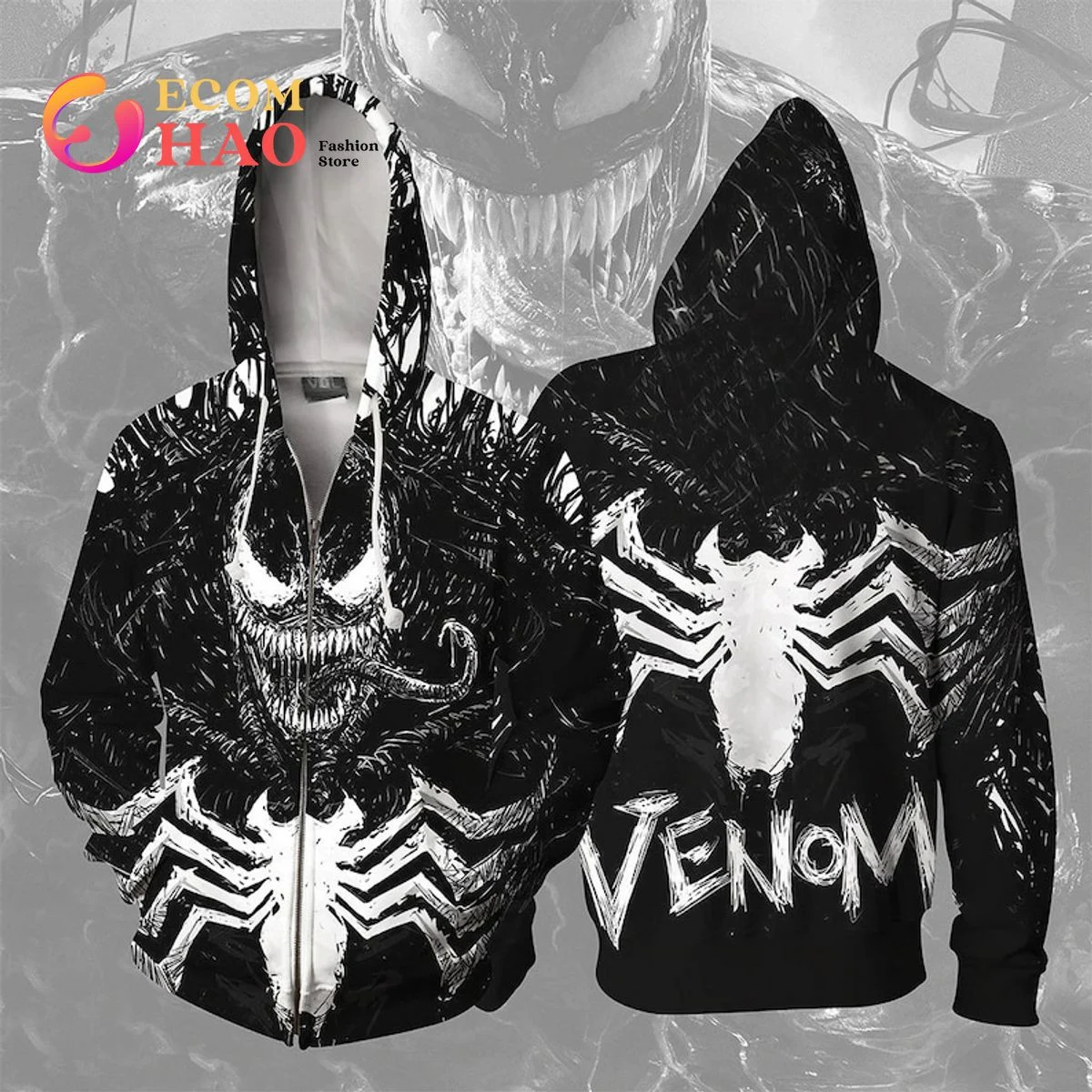 Black Venom Carnage Big White Red Logo Spider Costume Cosplay Hoodie 3D Print Superhero, Zip Hoodie, Man - Women, Warm, Premium Quality HZ0501