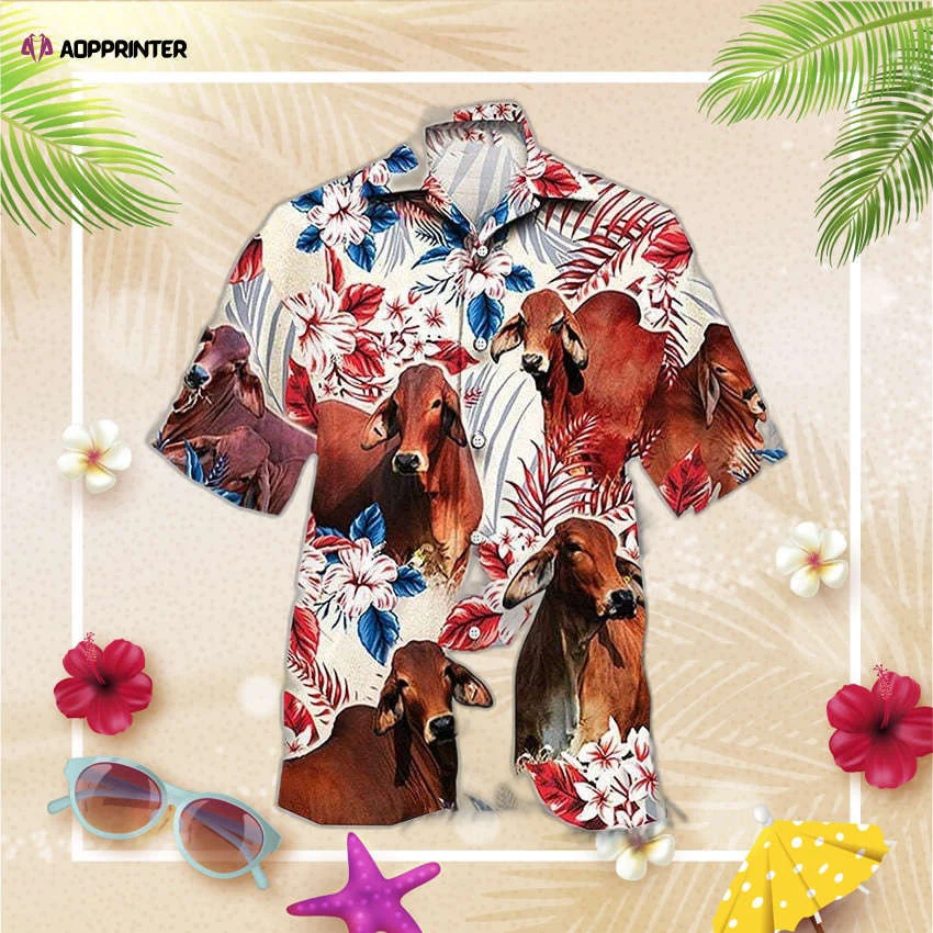 Floral Tropical Red Cow American Flag Hawaiian Shirt, Gift For Men And Women HW0601