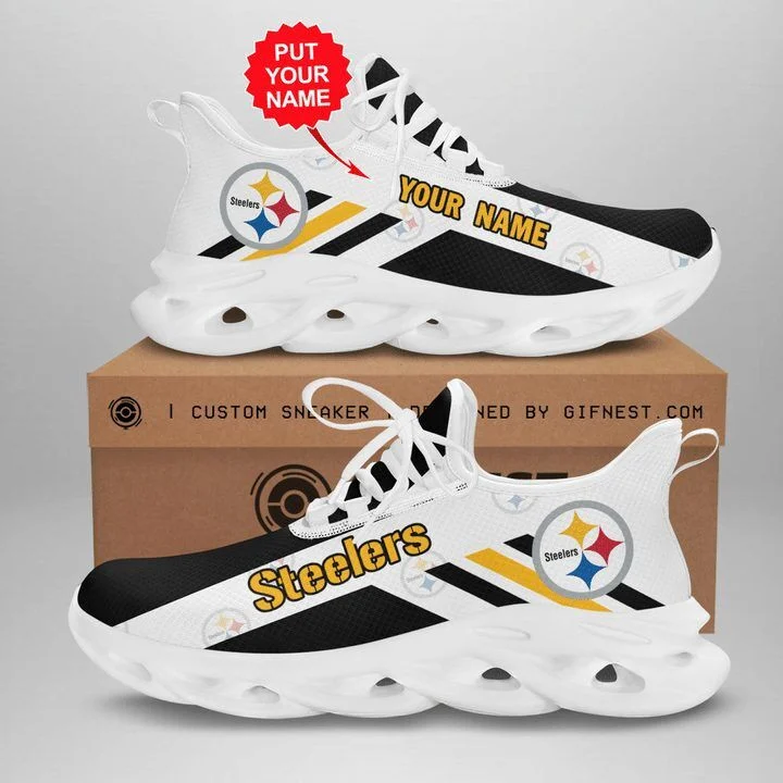 NFL Pittsburgh Steelers Custom Name White Black Golden Stripes Max Soul Shoes Sneakers Store MS0601