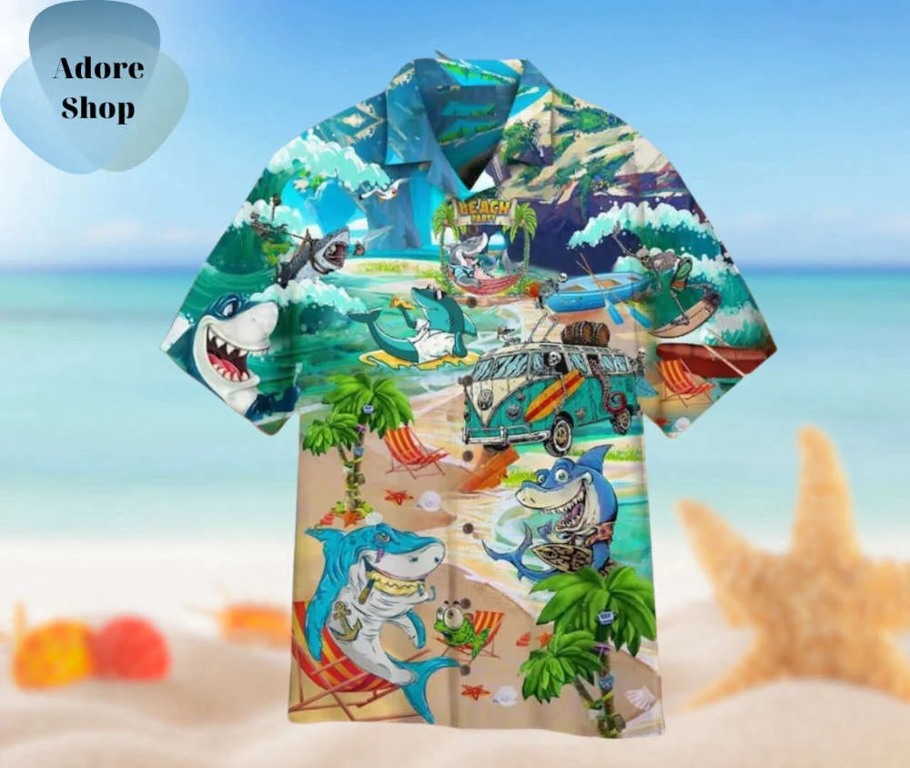 Shark 3D Animal Print Hawaiian Shirt, Fashionable Button Short Sleeve Streetwear For Men HW0601