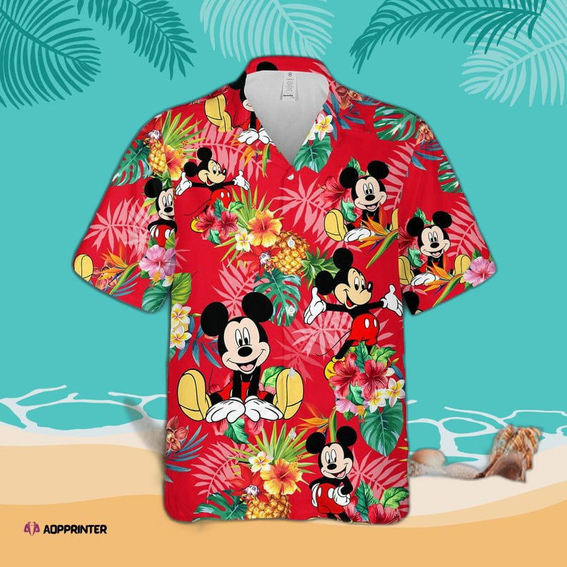 Mickey Mouse Disney Pineapple Hibiscus All Over Print 3D Hawaiian Shirt – Red HW0601
