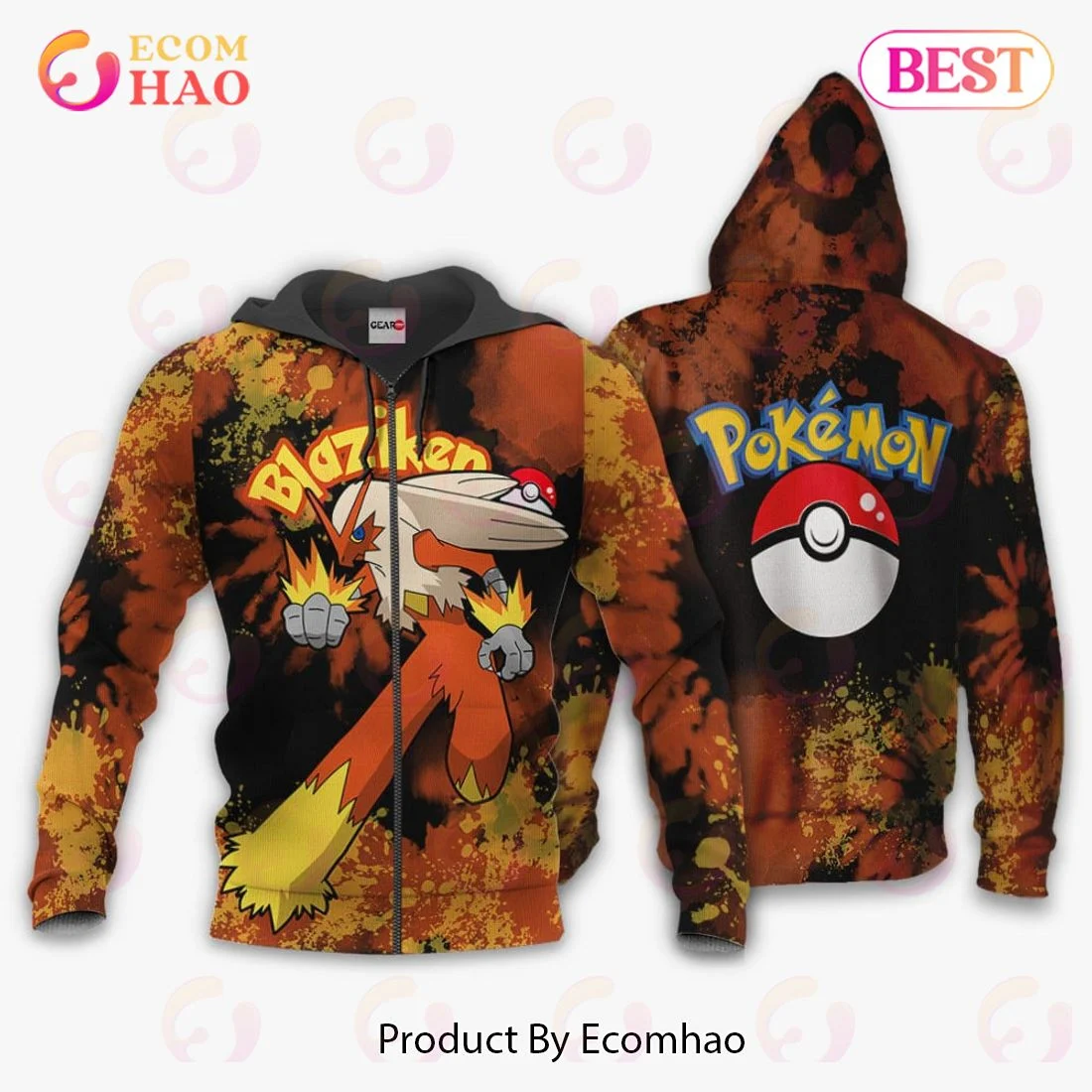 Blaziken Hoodie Custom Pokemon Anime Tie Dye Style, Zip Hoodie, Man - Women, Warm, Premium Quality HZ0501