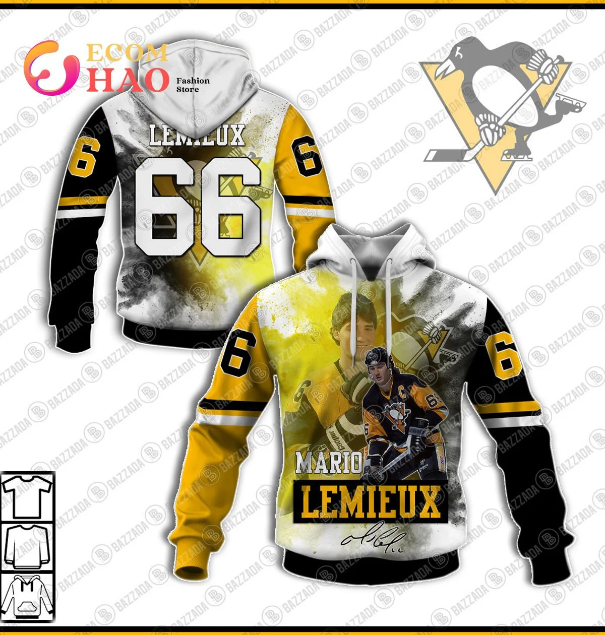 3D Hoodie Mario Lemieux 66 Pittsburgh Penguins, Zip Hoodie, Man - Women, Warm, Premium Quality HZ0501