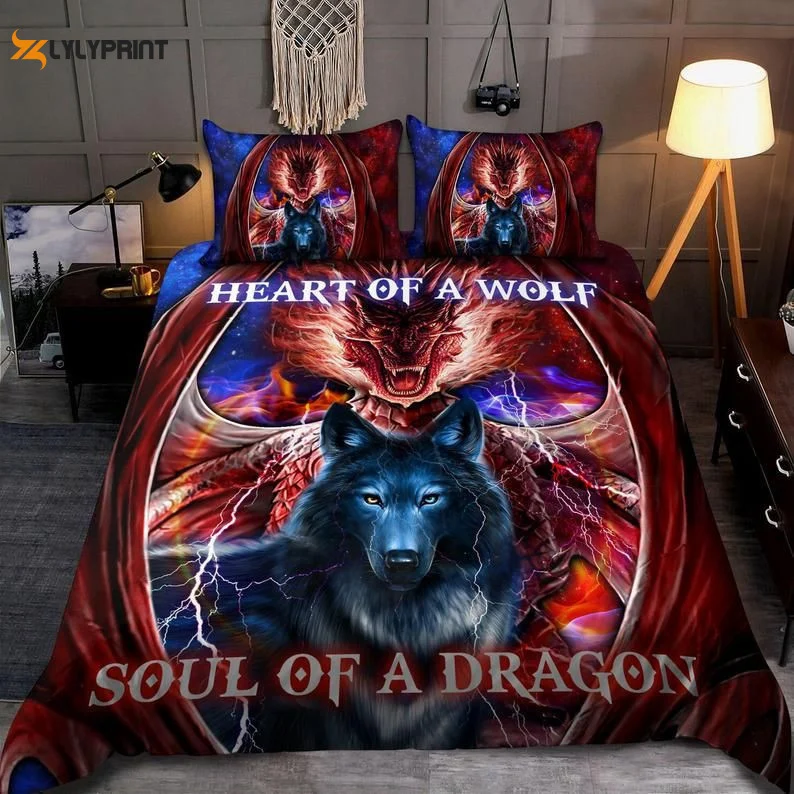 Heart Of A Wolf Soul Of A Dragon Pillowcases Duvet Quilt Bedding Set , Soft Quilt, King Size, All Season Cozy Quilt QB0901
