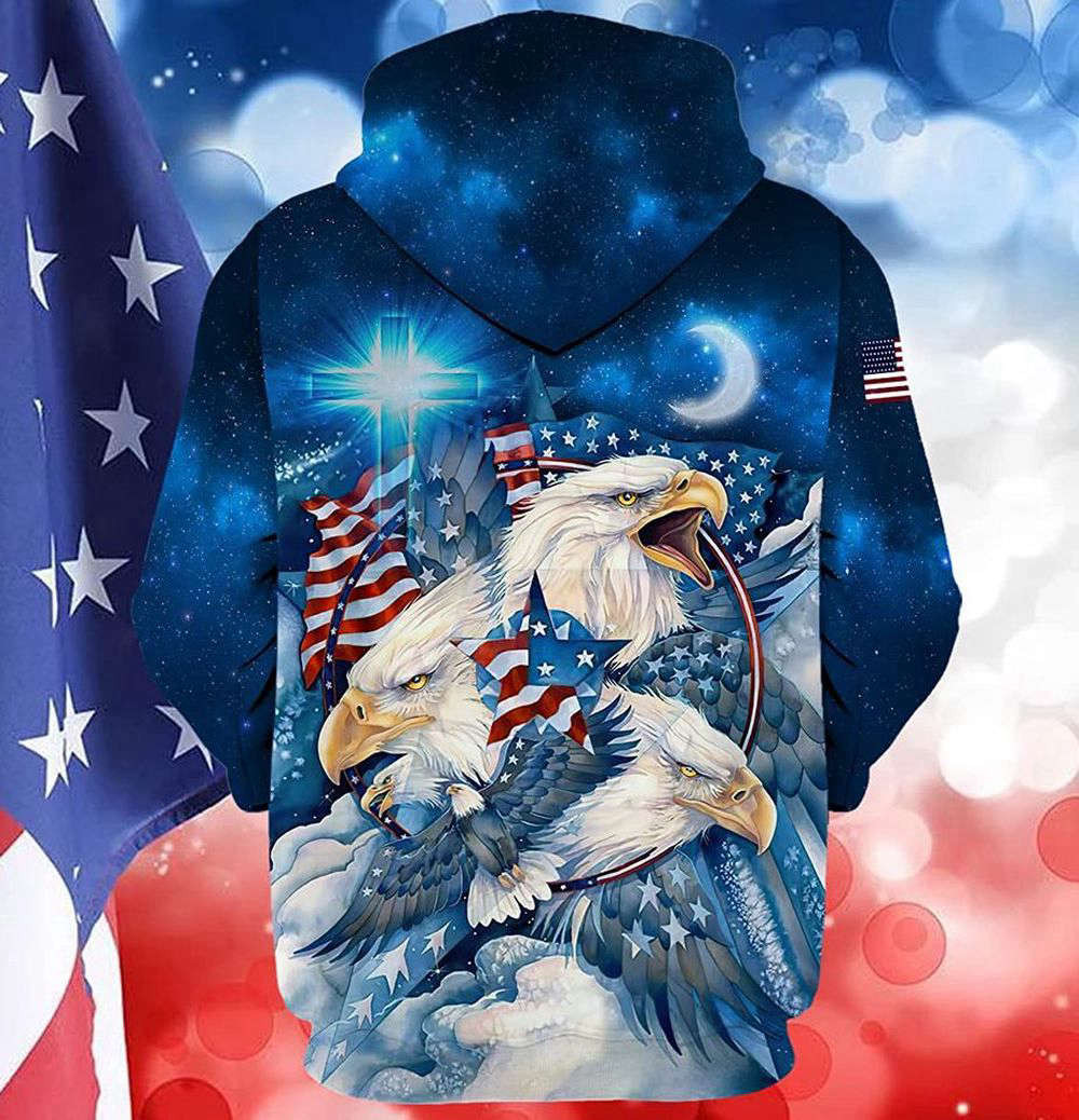 American Flag With Bald Eagle And Cross In Galaxy 3D Hoodie HZ0501
